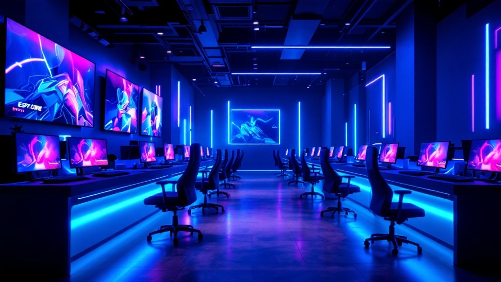 Interior del club de esports Chispasur en La Plata, con puestos de PC